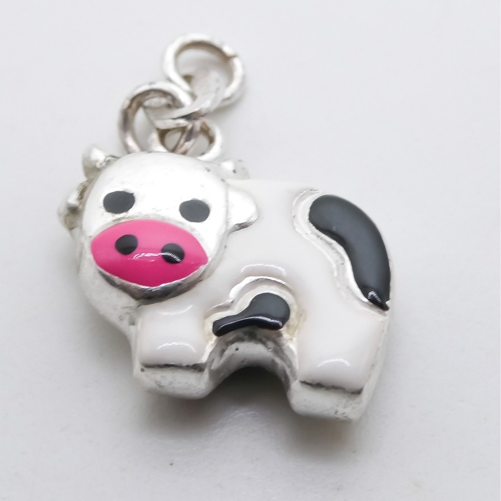 Enameled Farm Cow Sterling Silver Vintage Bracelet Charm Pink Black White